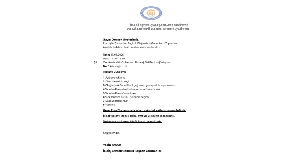 OLAĞAN ÜSTÜ GENEL KURUL ÇAĞRISI